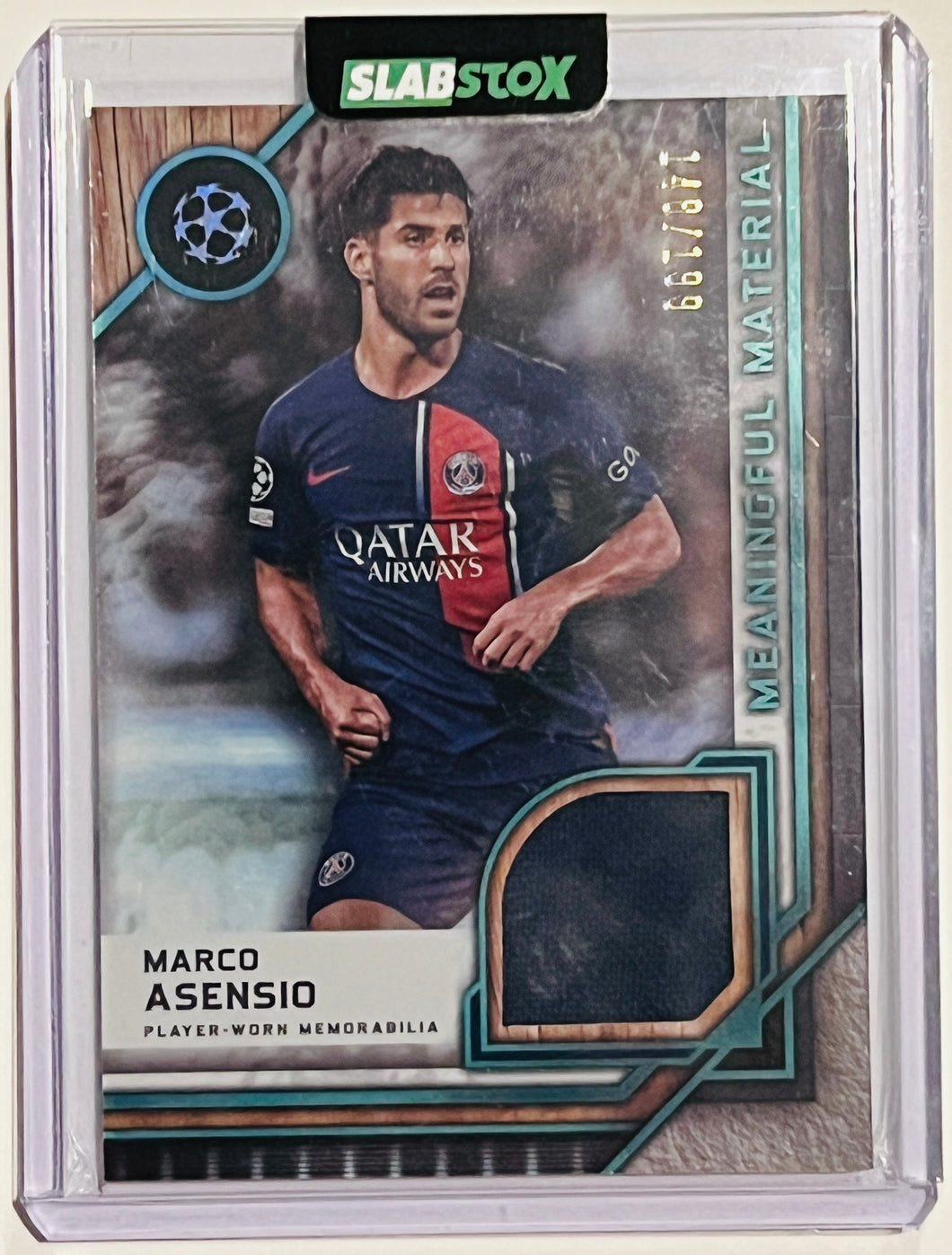 2023-24 Topps Museum UCL Marco Asensio Meaningful Aquamarine Jersey #148/199