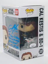 Load image into Gallery viewer, Cal Kestis &amp; BD-1 337 Star Wars Funko Pop signed by Cameron Monaghan with quote
