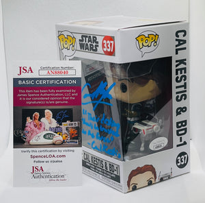 Cal Kestis & BD-1 337 Star Wars Funko Pop signed by Cameron Monaghan with quote