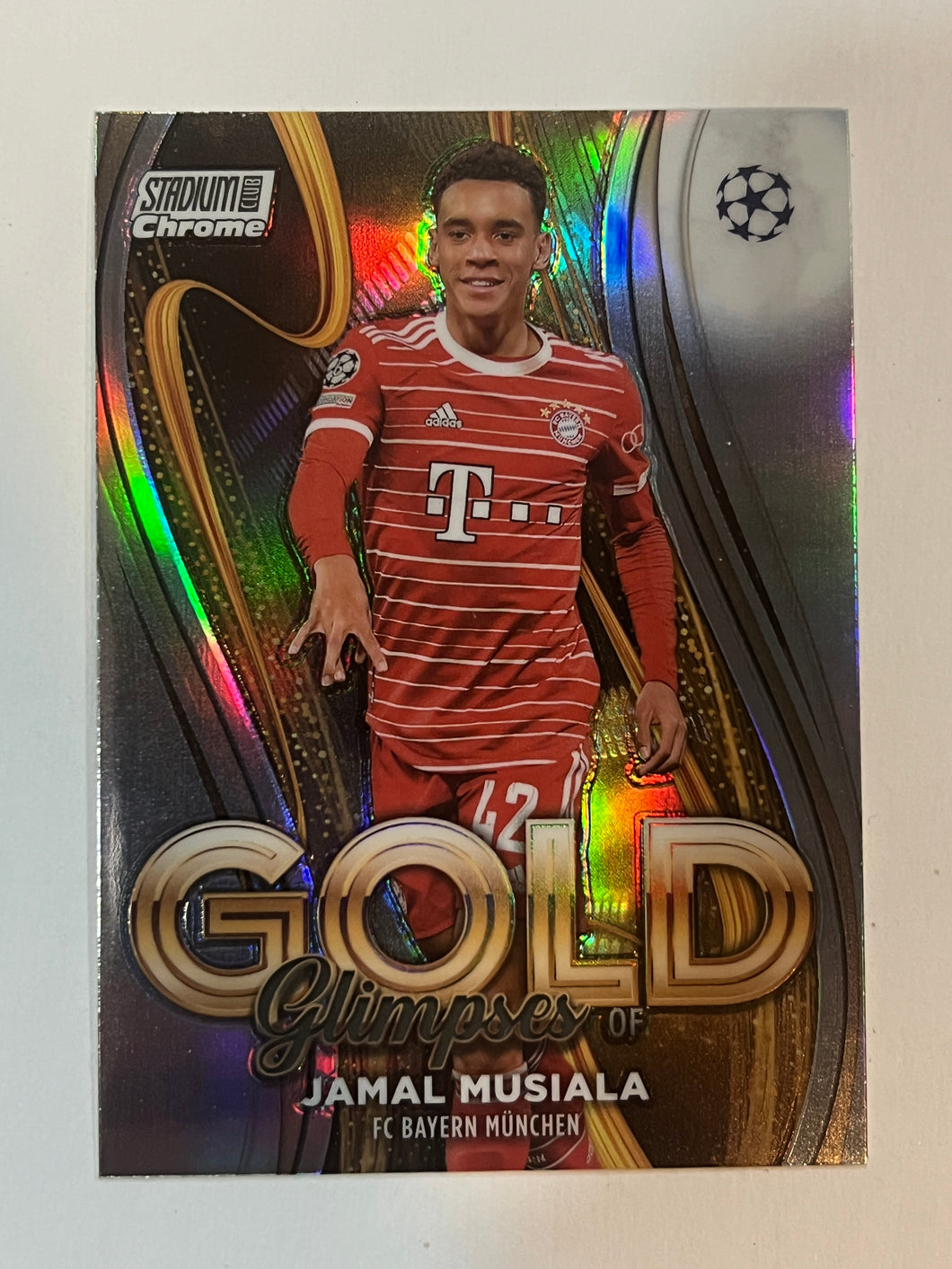 2022-23 Stadium Club Chrome UCL Jamal Musiala Glimpses Of Gold #GG-JM