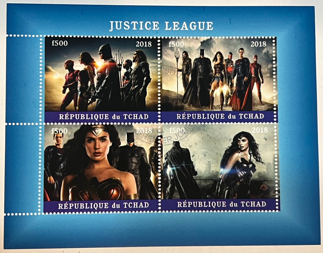 Chad 2018 CTO Justice League (Superman, Batman Wonder Woman, Flash) 4 stamp Mini Sheet