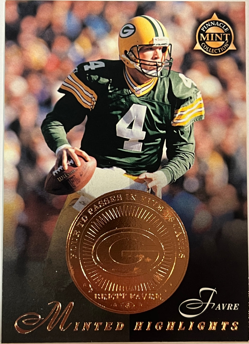 1997 Pinnacle Brett Favre Minted Highlights Bronze Stamp #21 Packers