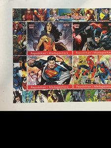 Madagascar Comic Heroes 2018 Mini Stamp sheet (Wonder woman, Batman, Superman and Spider-man)