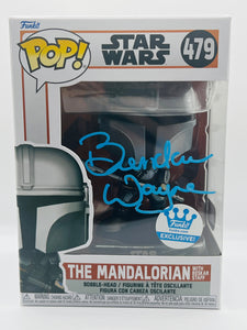 The Mandalorian with Beskar Staff 479 Star Wars The Mandalorian Funko Shop Exclusive signed by Brendan Wayne