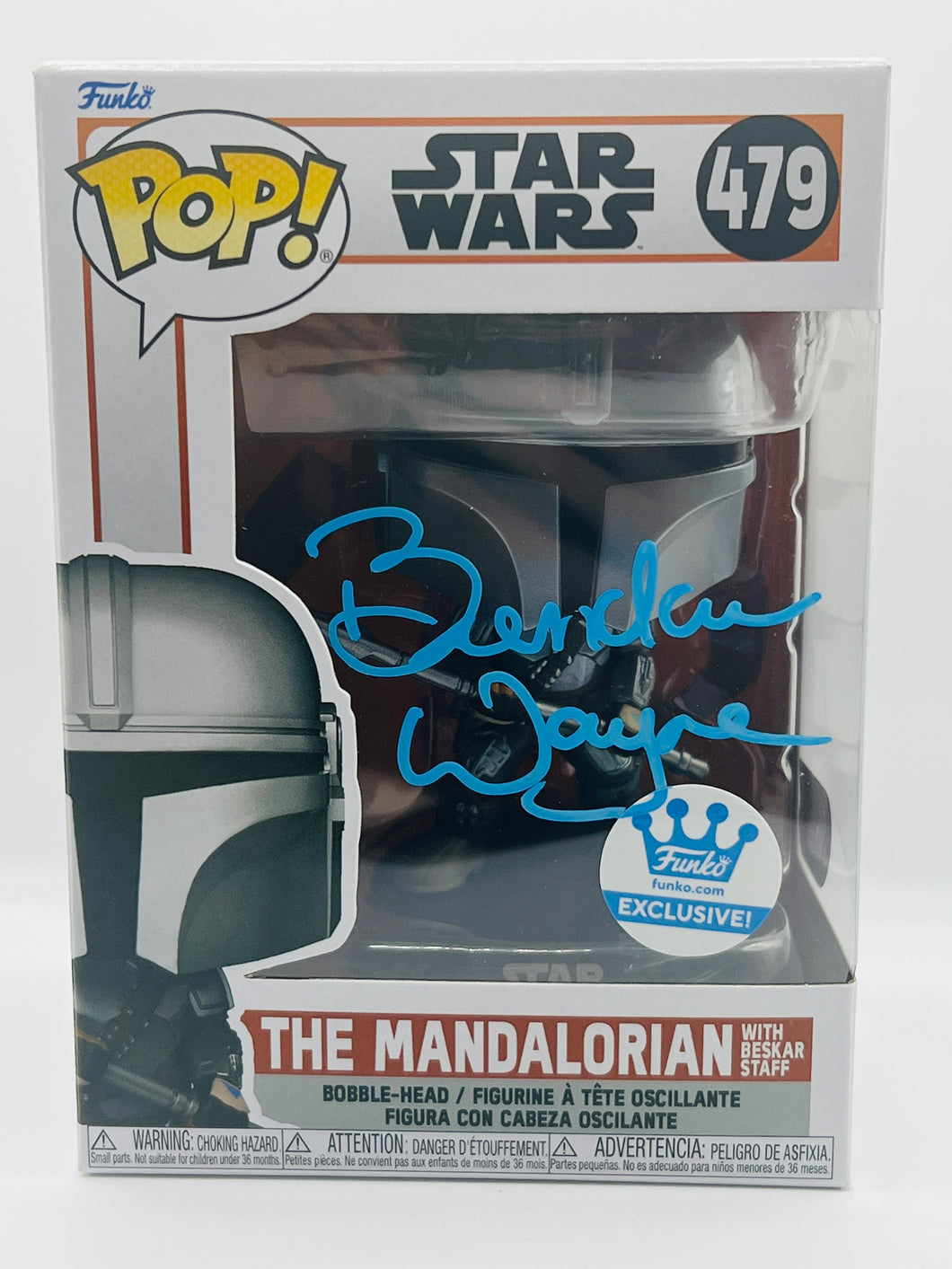 The Mandalorian with Beskar Staff 479 Star Wars The Mandalorian Funko Shop Exclusive signed by Brendan Wayne