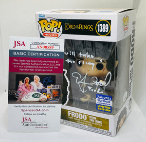 Frodo with Ring 1389 Lord off the Rings 2023 Summer convention Funko Pop signed by Elijah Wood with quote