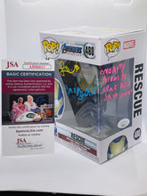 Load image into Gallery viewer, Rescue 480 Avengers Endgame Funko Pop signed by Lexi Rabe with character name Morgan and inscription (JSA CoA)

