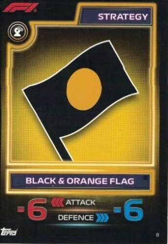 Trading Card of Black and Orange Flag from the Strategy series from with number 8 from official collection Topps Turbo Attax 2023.