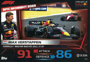 Trading Card of Max Verstappen from the F1 Epic Moments series from with number 163 from Red Bull Racing team from official collection Topps Turbo Attax 2023.
