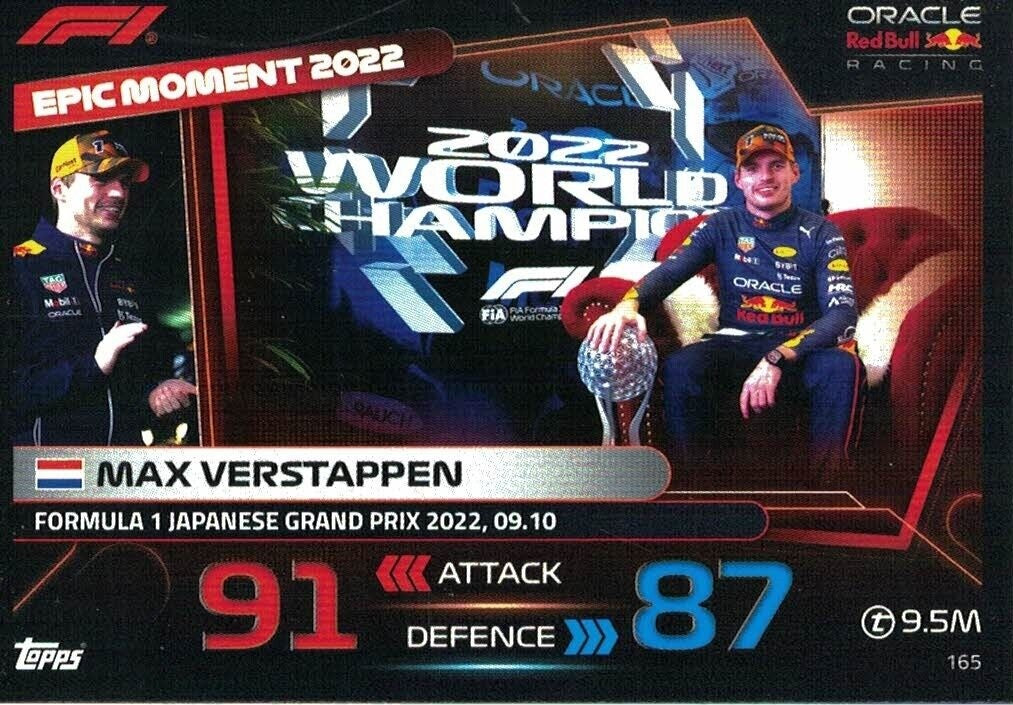 Trading Card of Max Verstappen from the F1 Epic Moments series from with number 165 from Red Bull Racing team from official collection Topps Turbo Attax 2023.