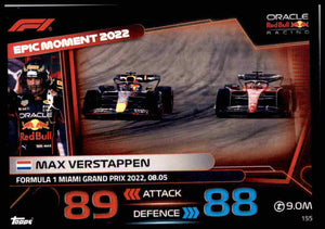 Trading Card of Max Verstappen from the F1 Epic Moments series from with number 155 from Red Bull Racing team from official collection Topps Turbo Attax 2023.