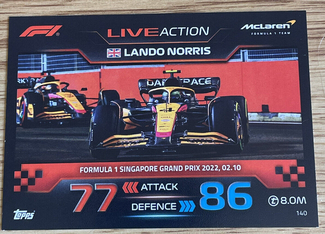 2023 - Turbo Attax - Trading Card - Lando Norris - Live Action - Formula 1 Singapore Grand Prix 2022, 02.10 - Card 140