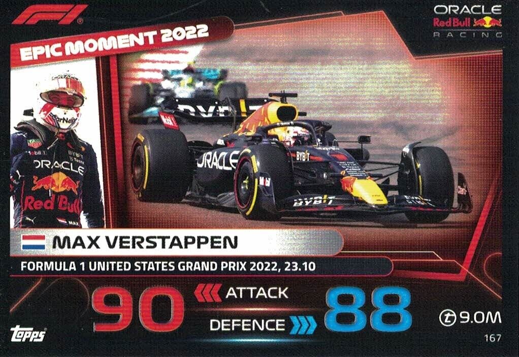 Trading Card of Max Verstappen from the F1 Epic Moments series from with number 167 from Red Bull Racing team from official collection Topps Turbo Attax 2023.