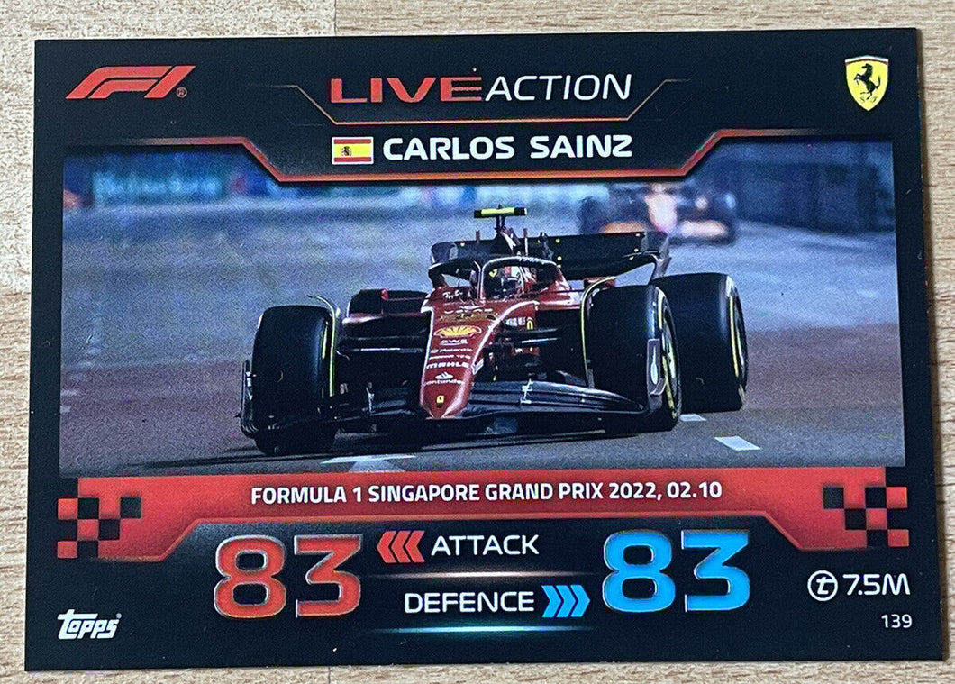 2023 - Turbo Attax - Trading Card - Carlos Sainz - Live Action - Formula 1 Singapore Grand Prix 2022, 02.10 - Card 139