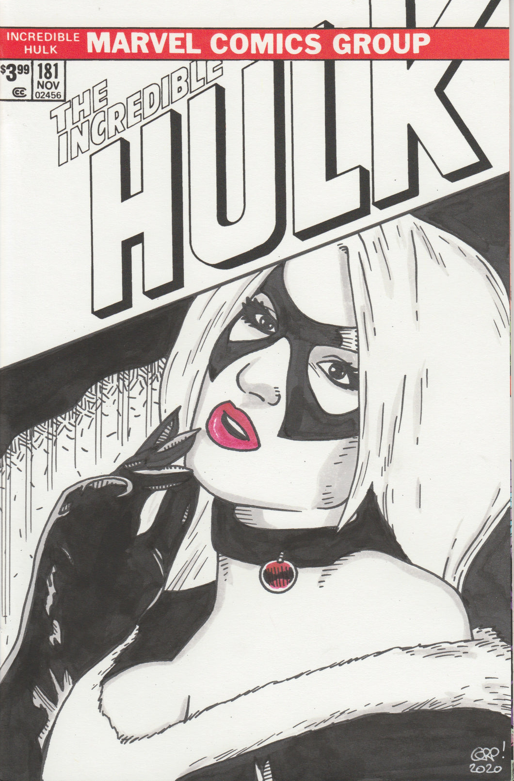 Black Cat Original Art by Gary Parkin on the Incredible Hulk 181 blank cover